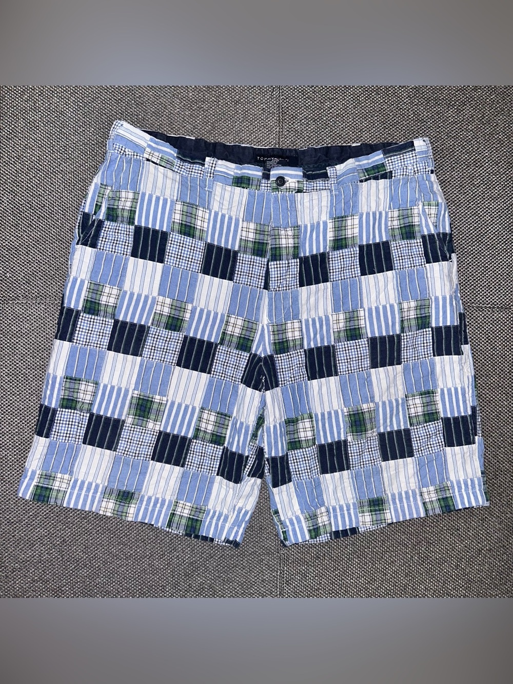 Vintage Tommy Hilfiger Blue and Green Patchwork Plaid Flat Front Men’s Shorts